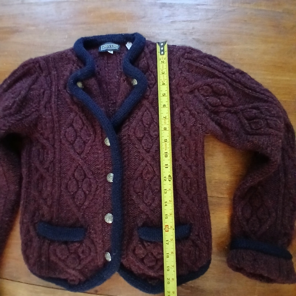 Lands' End Maroon 100% Shetland Wool Cable Knit Cardigan Sweate Fishermanr Sz S - Picture 7 of 8